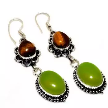 Ювелирные серьги с зеленым ониксом, драгоценным камнем «Тигровый глаз» 925 пробы, посеребренные, 2,46 дюйма