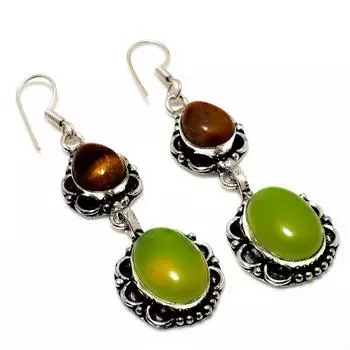 Ювелирные серьги с зеленым ониксом, драгоценным камнем «Тигровый глаз» 925 пробы, посеребренные, 2,46 дюйма