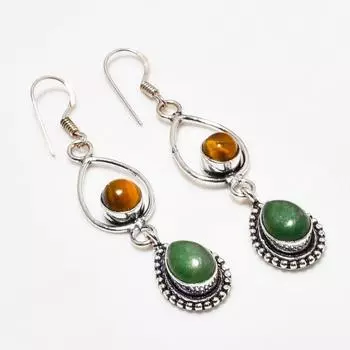 Ювелирные серьги с зеленым ониксом и драгоценным камнем «Тигровый глаз» 925 пробы, посеребренные, 2,27 дюйма