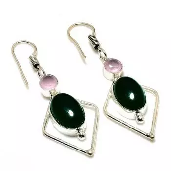 Ювелирные серьги с зеленым ониксом и розовым халцедоном, посеребренные 925 пробы, 2,27 дюйма