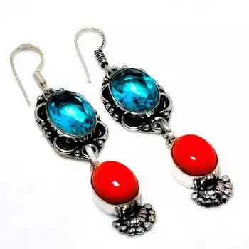 Ювелирные серьги Swissblue с топазом и красным кораллом, посеребренные 925 пробы, 2,38 дюйма