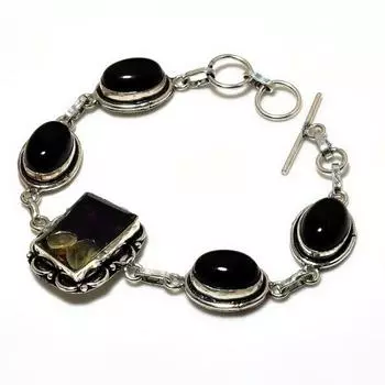 Ювелирный браслет 925 пробы с аметистом, черным ониксом и серебром, 6–8 дюймов