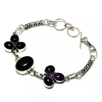 Ювелирный браслет 925 пробы с черным ониксом и аметистом, посеребренный, 6–8 дюймов