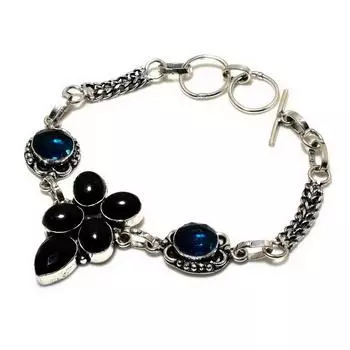 Ювелирный браслет из черного оникса, синего топаза 925 пробы с посеребренным покрытием 6–8 дюймов