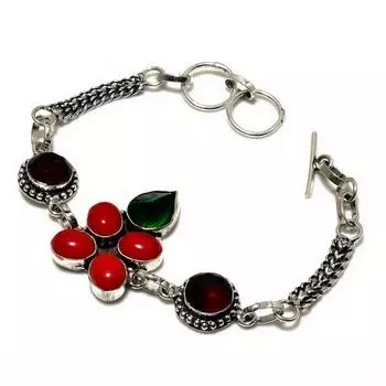 Ювелирный браслет из итальянского красного коралла-диопсида 925 пробы с посеребренным покрытием 6-8 дюймов