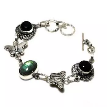 Ювелирный браслет из лабрадорита, черного оникса 925 пробы с серебряным покрытием, 6–8 дюймов