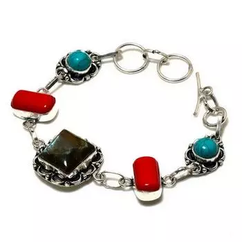 Ювелирный браслет из лабрадорита, красного коралла 925 пробы с посеребренным покрытием, 6–8 дюймов