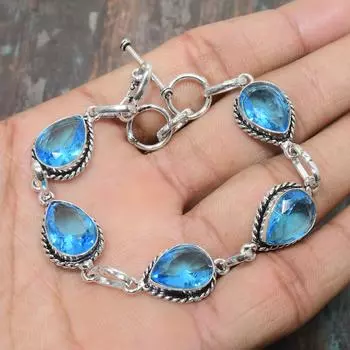 Ювелирный браслет из стерлингового серебра 925 пробы ручной работы из швейцарского голубого топаза с драгоценным камнем для нее 7-8 Inches синий