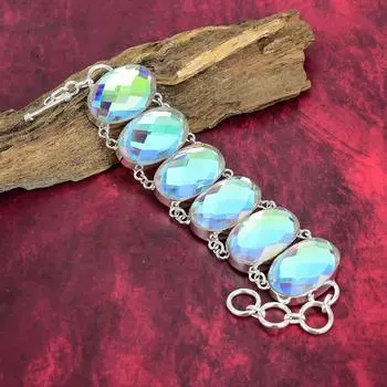 Ювелирный браслет из стерлингового серебра 925 пробы с радужным мистическим топазом, потрясающие ювелирные изделия из драгоценных камней, свадебный подарок, браслет ручной работы 8 Inches With Adjustable белый