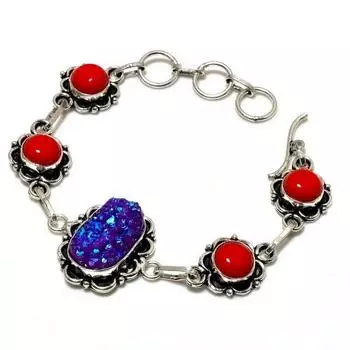 Ювелирный браслет из титана с красным кораллом 925 пробы, покрытый серебром, 6–8 дюймов