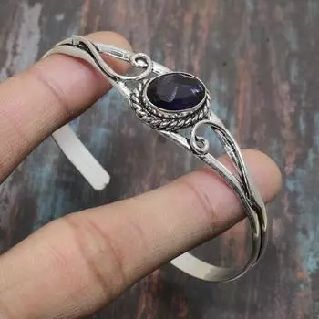 Ювелирный браслет-манжета ручной работы из стерлингового серебра 925 пробы с аметистом, регулируемый на День Благодарения Adjustable фиолетовый