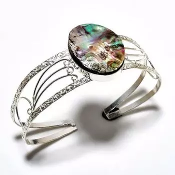 Ювелирный браслет-манжета ручной работы с драгоценным камнем из ракушки морского ушка 925 пробы, посеребренный