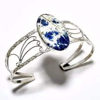 Ювелирный браслет-манжета ручной работы с драгоценным камнем содалитом 925 пробы, посеребренный