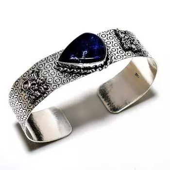 Ювелирный браслет-манжета ручной работы с драгоценным камнем содалитом 925 пробы, посеребренный