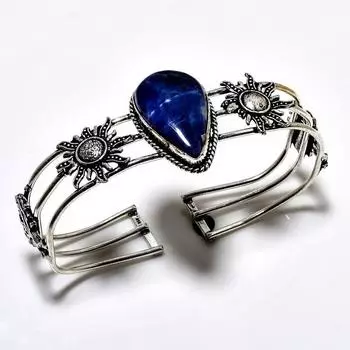 Ювелирный браслет-манжета ручной работы с драгоценным камнем содалитом 925 пробы, посеребренный