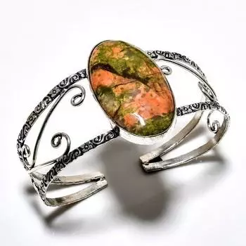 Ювелирный браслет-манжета ручной работы с драгоценным камнем Унакит 925 пробы, посеребренный