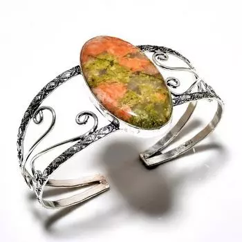 Ювелирный браслет-манжета ручной работы с драгоценным камнем Унакит 925 пробы, посеребренный