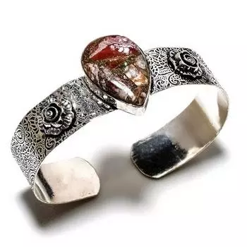 Ювелирный браслет-манжета ручной работы с драгоценным камнем дикой лошади 925 пробы, посеребренный