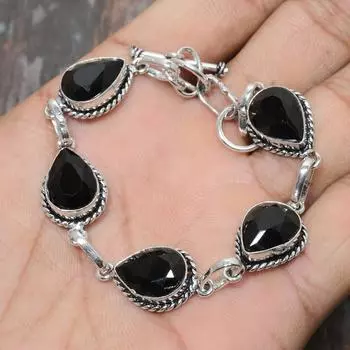 Ювелирный браслет ручной работы из стерлингового серебра 925 пробы с черной шпинелью и драгоценным камнем для женщин 7-8 Inches чёрный
