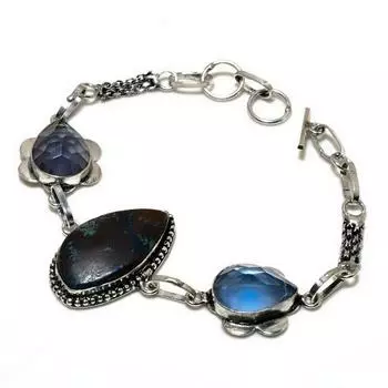 Ювелирный браслет ручной работы с азуритом и аметистом 925 пробы, посеребренный, 6-8 дюймов