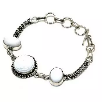 Ювелирный браслет ручной работы с камеей, белый коралл, драгоценный камень 925 пробы, посеребренный, 6–8 дюймов