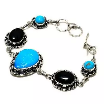 Ювелирный браслет ручной работы с камеей, черный оникс 925 пробы, посеребренный браслет 6–8 дюймов