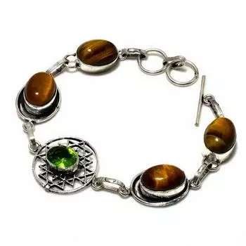 Ювелирный браслет ручной работы с перидотом Тигровый глаз 925 пробы, посеребренный, 6-8 дюймов