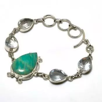 Ювелирный браслет с амазонитом и белым топазом 925 пробы, посеребренный, 6–8 дюймов