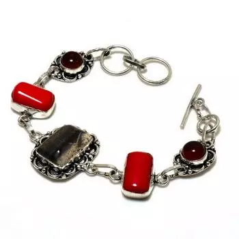 Ювелирный браслет с дендритом, опалом и гранатом 925 пробы, посеребренный, 6–8 дюймов