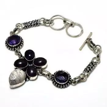 Ювелирный браслет с говлитовой яшмой и аметистом 925 пробы, посеребренный, 6–8 дюймов