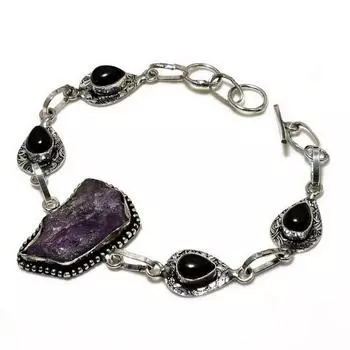 Ювелирный браслет с грубым черным ониксом и аметистом, посеребренный 925 пробы, 6–8 дюймов