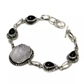 Ювелирный браслет с грубым кристаллом черного оникса 925 пробы, посеребренный, 6–8 дюймов