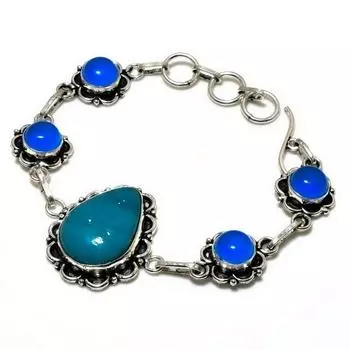 Ювелирный браслет с камеей, синим халцедоном 925 пробы, посеребренный, 6–8 дюймов