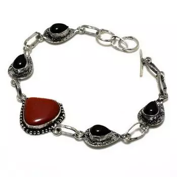 Ювелирный браслет с красным солнечным камнем, черным ониксом и посеребренным камнем 925 пробы 6–8 дюймов