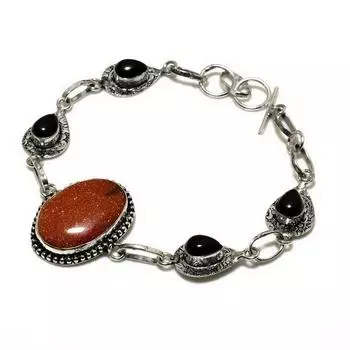 Ювелирный браслет с красным солнечным камнем, черным ониксом и посеребренным камнем 925 пробы 6–8 дюймов