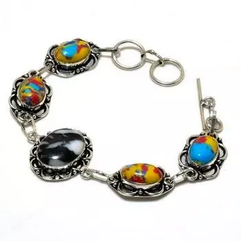 Ювелирный браслет с мозаикой из яшмы зебры, драгоценный камень 925 пробы, посеребренный, 6–8 дюймов