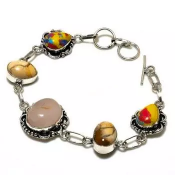 Ювелирный браслет с мозаикой из розового кварца и яшмой 925 пробы, посеребренный, 6–8 дюймов