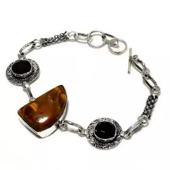 Ювелирный браслет с покрытием из серебра 925 пробы и черной шпинелью «Тигровый глаз» длиной 6–8 дюймов.