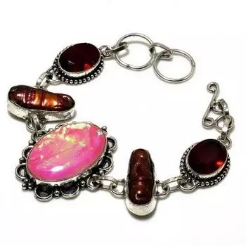 Ювелирный браслет с розовым тройным опалом и гранатом 925 пробы, посеребренный, 6–8 дюймов