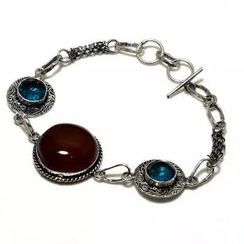 Ювелирный браслет с сердоликом и голубым топазом 925 пробы, посеребренный, 6–8 дюймов