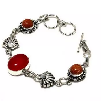 Ювелирный браслет с сердоликом и красным солнечным камнем 925 пробы, посеребренный, 6–8 дюймов