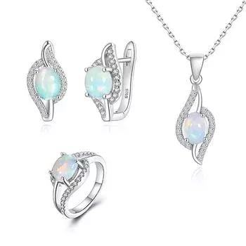 Ювелирный комплект из 100% натурального опала, стерлинговое серебро 925 пробы, кулон, ожерелье, серьги, кольцо из настоящего драгоценного камня, изысканные ювелирные изделия с коробкой для женщин, подарок на день рождения us ring size 6# белый