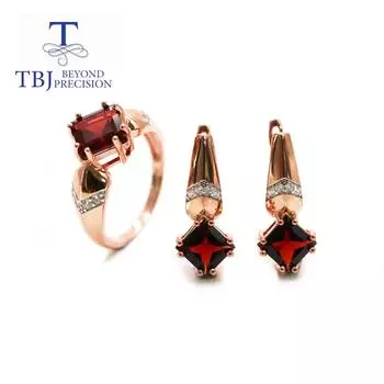 Ювелирный комплект из натурального красного граната, серебряные кольца, серебряные серьги, настоящие драгоценные камни, изысканные украшения для женщин, комплект ювелирных изделий из цветного камня квадратной огранки us ring size 6# красный
