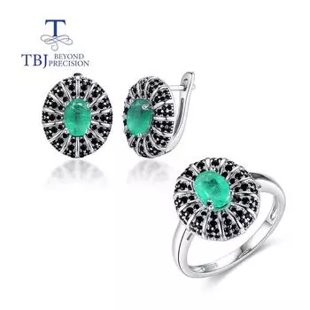 Ювелирный комплект из натурального зеленого изумруда, кольца, серьги из стерлингового серебра 925 пробы, изысканные украшения для женщин, жены, подарок на день рождения, годовщину us ring size 8# зелёный