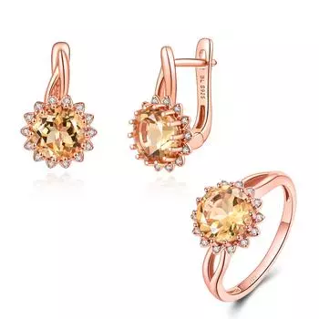 Ювелирный комплект из стерлингового серебра 925 пробы с цитрином, цветочный дизайн, серьги-кольца из натурального драгоценного камня, милые изысканные украшения для девочек и женщин, хороший подарок на день рождения us ring size 6# жёлтый
