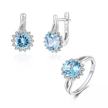 Ювелирный комплект из стерлингового серебра 925 пробы с небесно-голубым топазом, вогнутая блестящая огранка, круглые серьги из натурального драгоценного камня 8 мм для женщин, повседневная одежда us ring size 6# синий