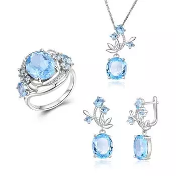 Ювелирный комплект из стерлингового серебра 925 пробы, серьги, кольцо, кулон, ожерелье с натуральным небесно-голубым топазом, изысканные украшения для женщин, хороший подарок на день рождения us ring size 7# синий