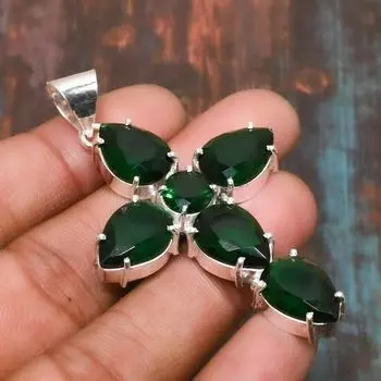 Ювелирный крест из стерлингового серебра 925 пробы с хром-диопсидом и драгоценным камнем ручной работы 2.56 Inches зелёный