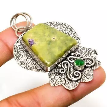Ювелирный кулон Атлантисит, диопсид 925 пробы с посеребрением, 2,27 дюйма 2.27 зелёный
