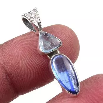 Ювелирный кулон из чистого серебра 925 пробы с натуральным кианитом и аквамарином 1,25 дюйма O9d65